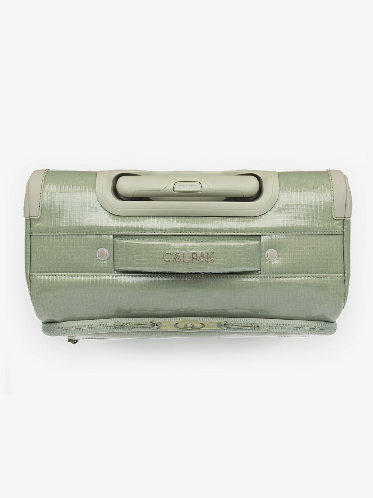 Studio product shot of top handle of CALPAK Terra 35L Carry-On luggage with soft shell and 360 spinner wheels in juniper; LTR1020-JUNIPER