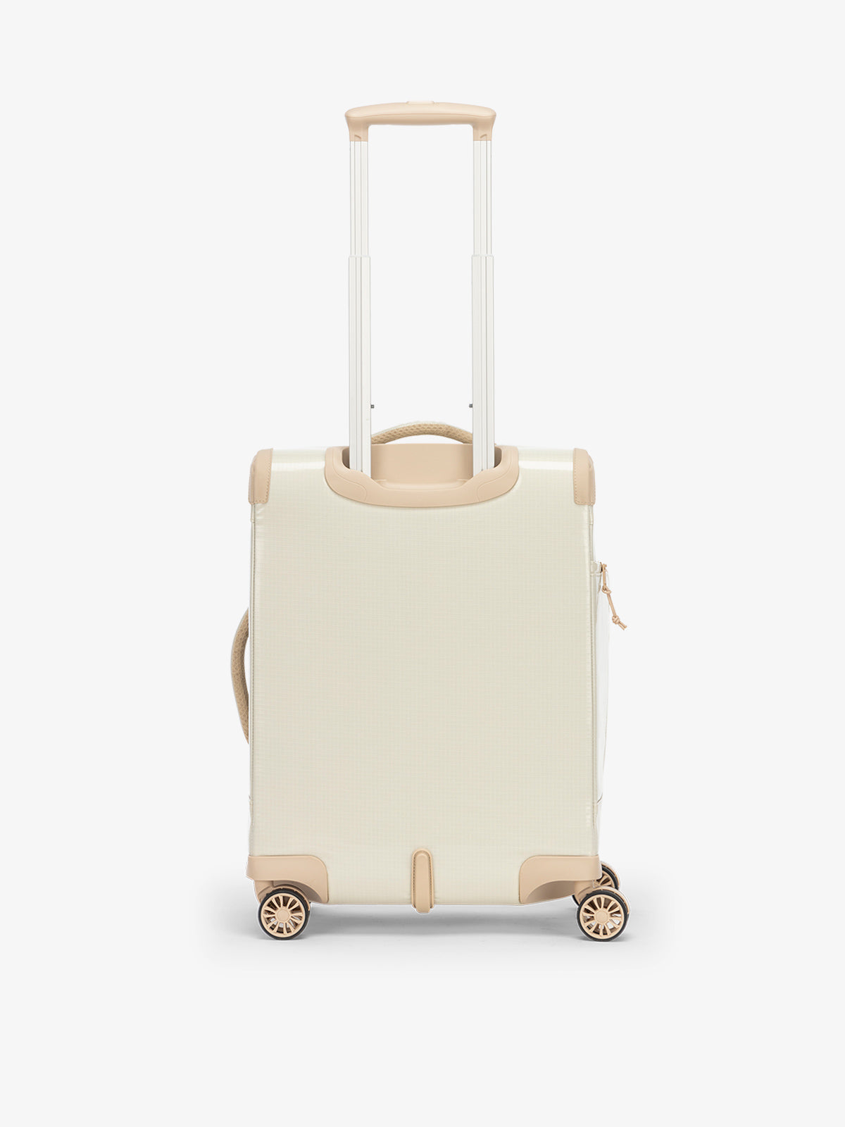Studio product shot of back-facing CALPAK Terra 35L Carry-On luggage with soft shell and 360 spinner wheels in beige white sands; LTR1020-WHITE-SANDS