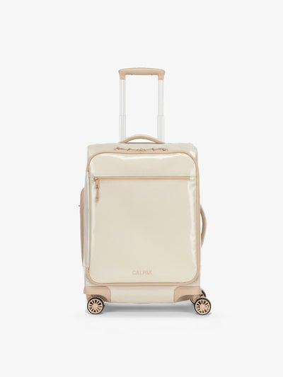 Studio product shot of front-facing CALPAK Terra 35L Carry-On luggage with soft shell and 360 spinner wheels in white sands beige; LTR1020-WHITE-SANDS