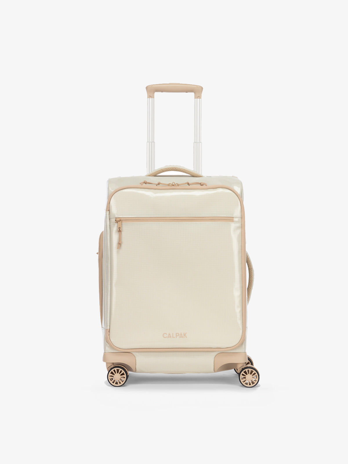 Studio product shot of front-facing CALPAK Terra 35L Carry-On luggage with soft shell and 360 spinner wheels in white sands beige; LTR1020-WHITE-SANDS