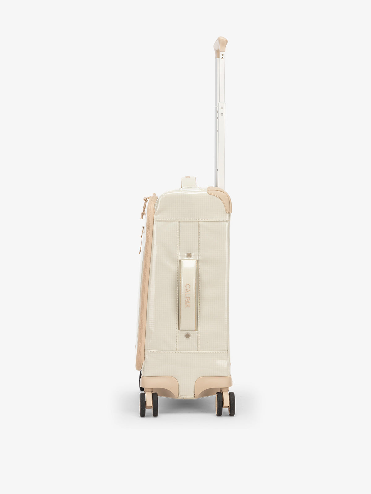 Studio product shot of side-facing CALPAK Terra 35L Carry-On luggage with soft shell and 360 spinner wheels in beige; LTR1020-WHITE-SANDS