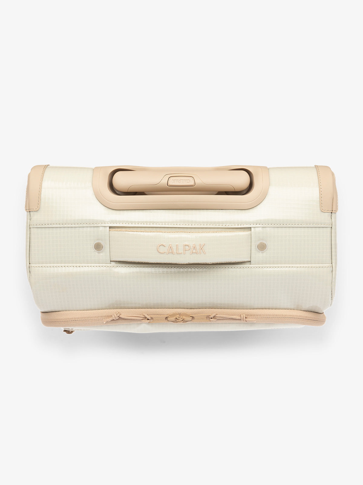 Studio product shot of top handle of CALPAK Terra 35L Carry-On luggage with soft shell and 360 spinner wheels in white sands; LTR1020-WHITE-SANDS