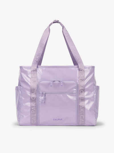CALPAK Terra 35L Water Resistant Zippered Tote Bag made with durable recycled ripstop exterior, nylon webbing tote straps and multiple exterior pockets in amethyst; TTO2401-AMETHYST