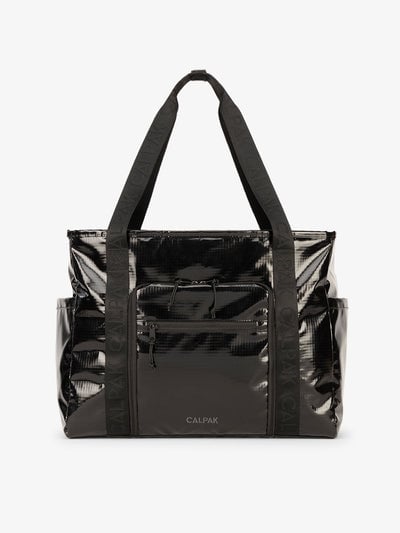 CALPAK Terra 35L Water Resistant Zippered Tote Bag made with durable recycled ripstop exterior, nylon webbing tote straps and multiple exterior pockets in obsidian; TTO2401-OBSIDIAN