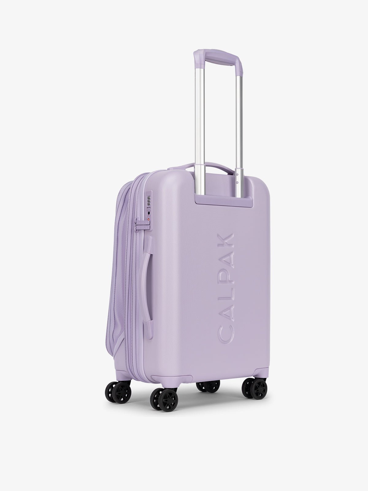 CALPAK Terra Carry-On Luggage hard shell back view with 360 spinner wheels and grab handles in light purple