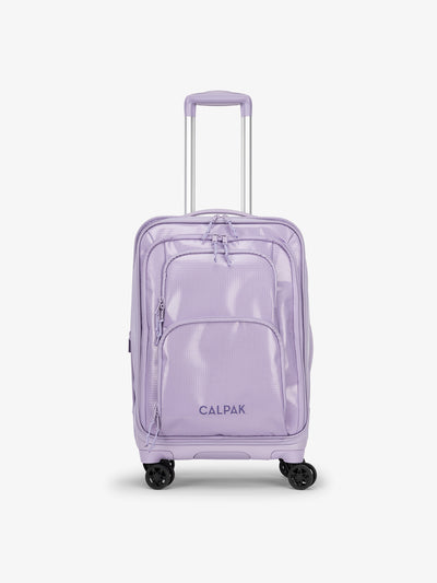 CALPAK Terra Carry-On Luggage soft shell view with 360 spinner wheels in amethyst; LTE1020-AMETHYST