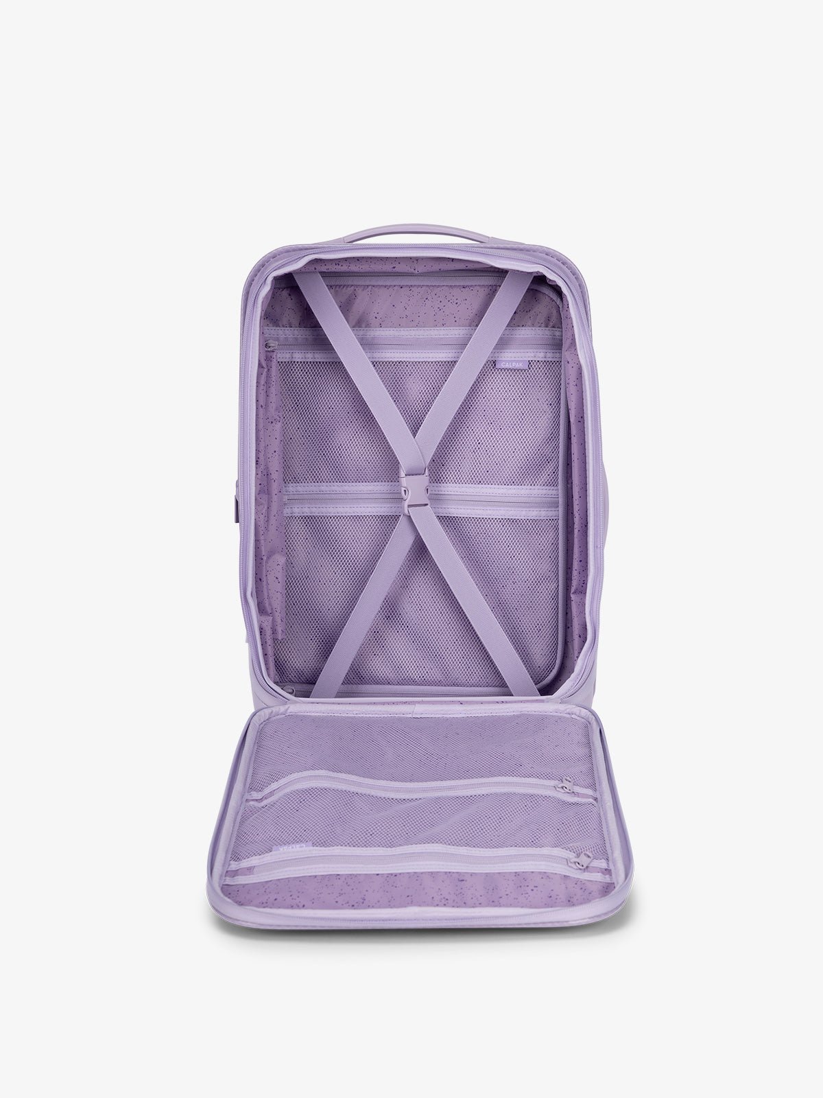 CALPAK Terra Carry-On Luggage interior with multiple zippered compartments and compression strap in amethyst