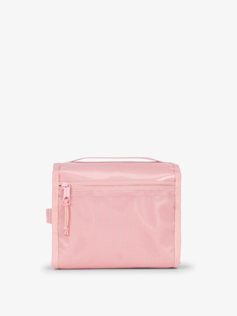 CALPAK water-resistant Terra Hanging Toiletry Bag and back mesh zippered pocket in pink blossom