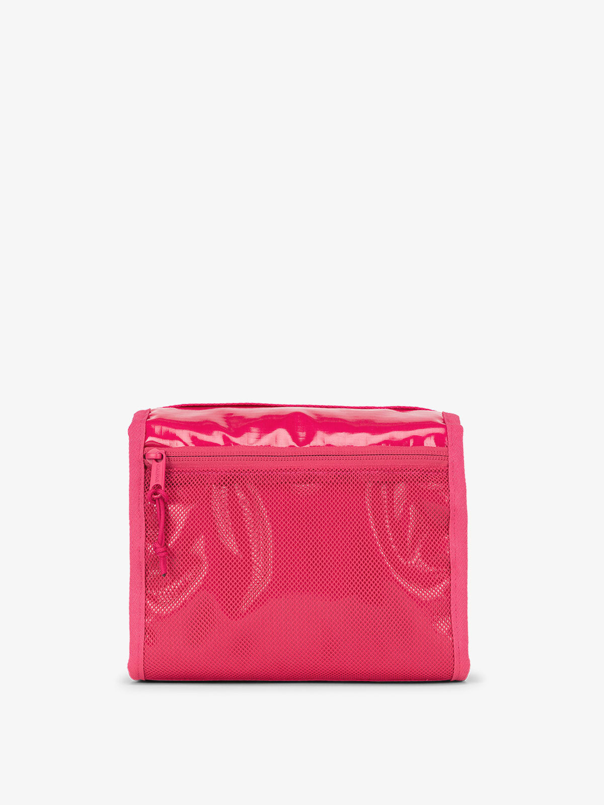 CALPAK water-resistant Terra Hanging Toiletry Bag and back mesh zippered pocket in pink dragonfruit; THY2201-DRAGONFRUIT