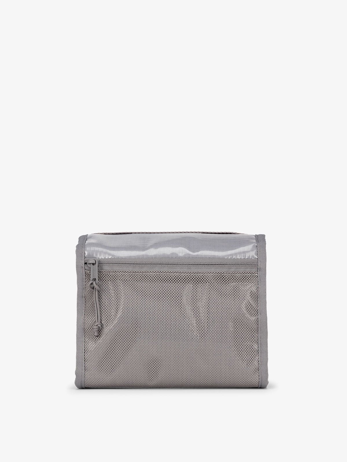 CALPAK water-resistant Terra Hanging Toiletry Bag and back mesh zippered pocket in gray storm