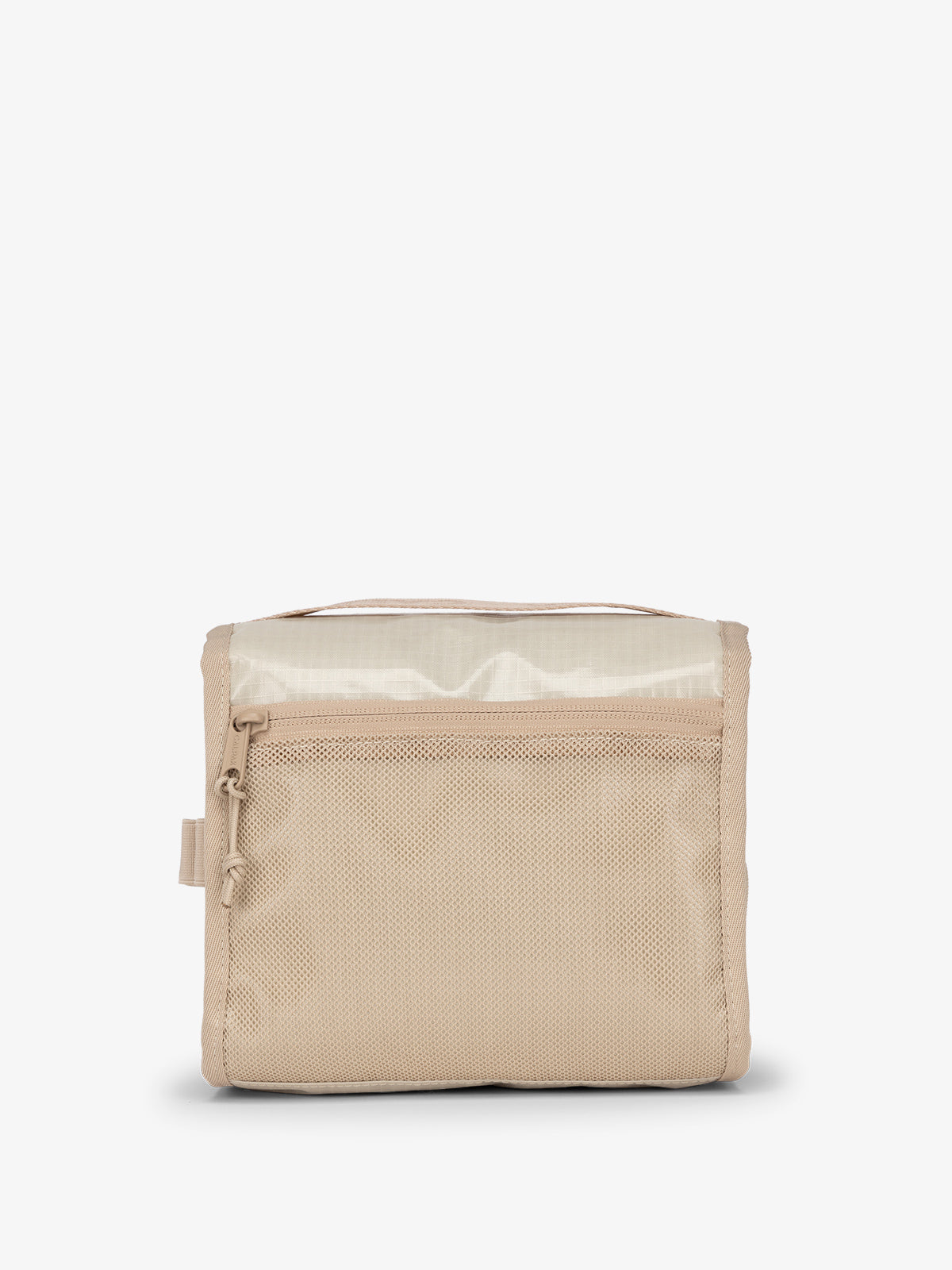CALPAK water-resistant Terra Hanging Toiletry Bag and back mesh zippered pocket in white sands; THY2201-WHITE-SANDS