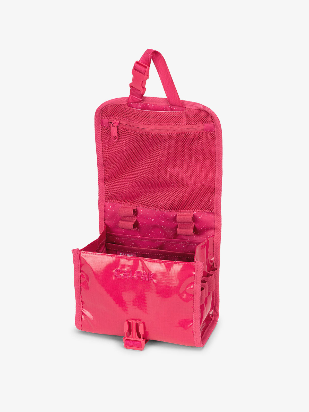 CALPAK Terra Hanging Travel Toiletry Bag for women with buckle closure, hanging hook and multiple compartments in hot pink; THY2201-DRAGONFRUIT