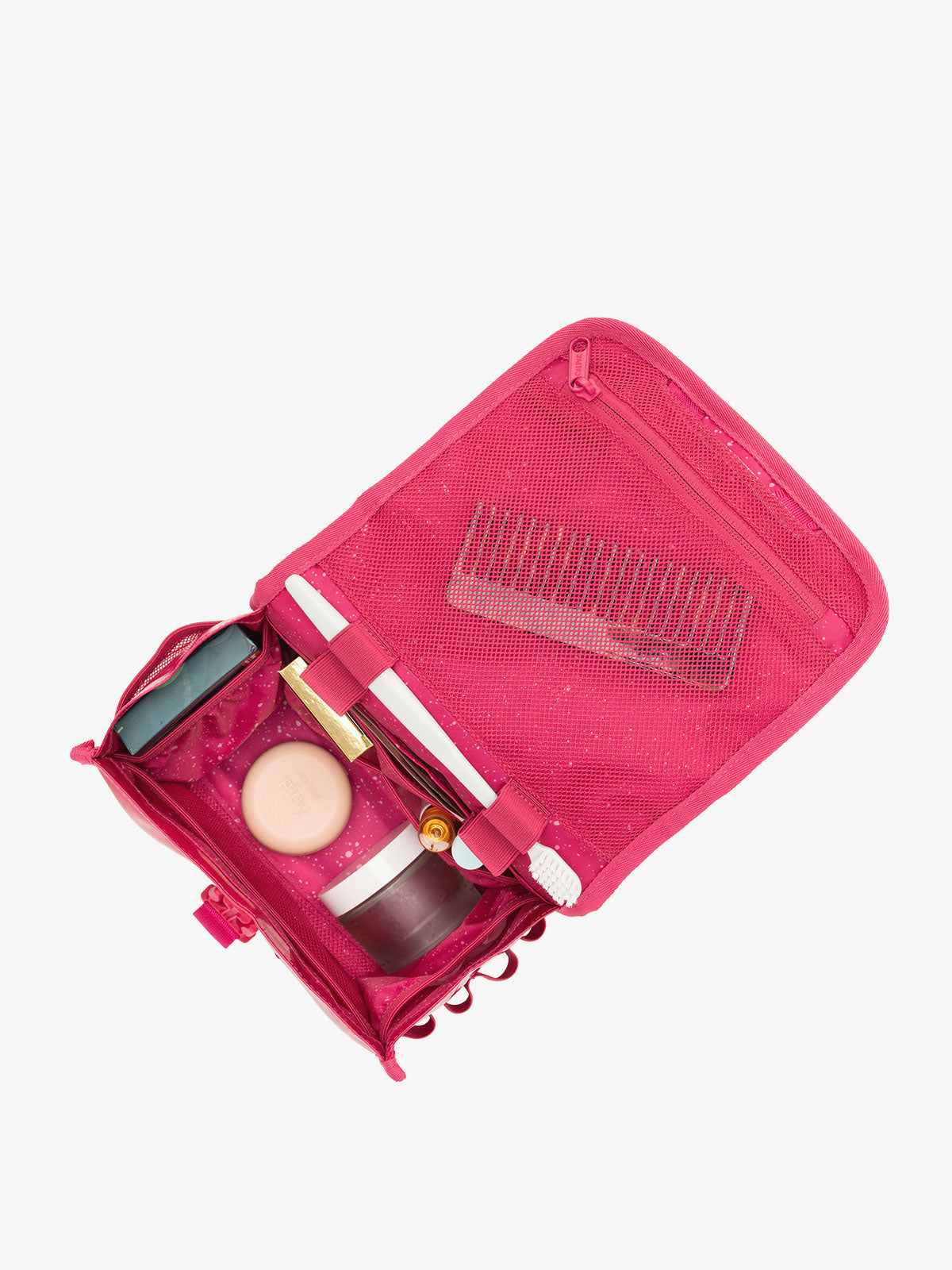 CALPAK Terra Hanging Travel Toiletry Bag with water-resistant interior and multiple pockets in pink dragonfruit; THY2201-DRAGONFRUIT