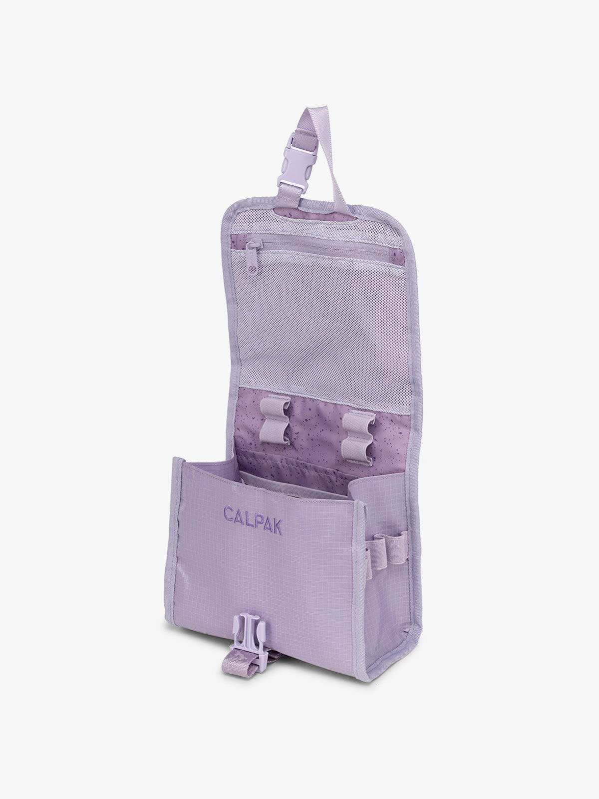 CALPAK Terra Hanging Travel Toiletry Bag for women with buckle closure, hanging hook and multiple compartments in amethyst; THY2201-AMETHYST
