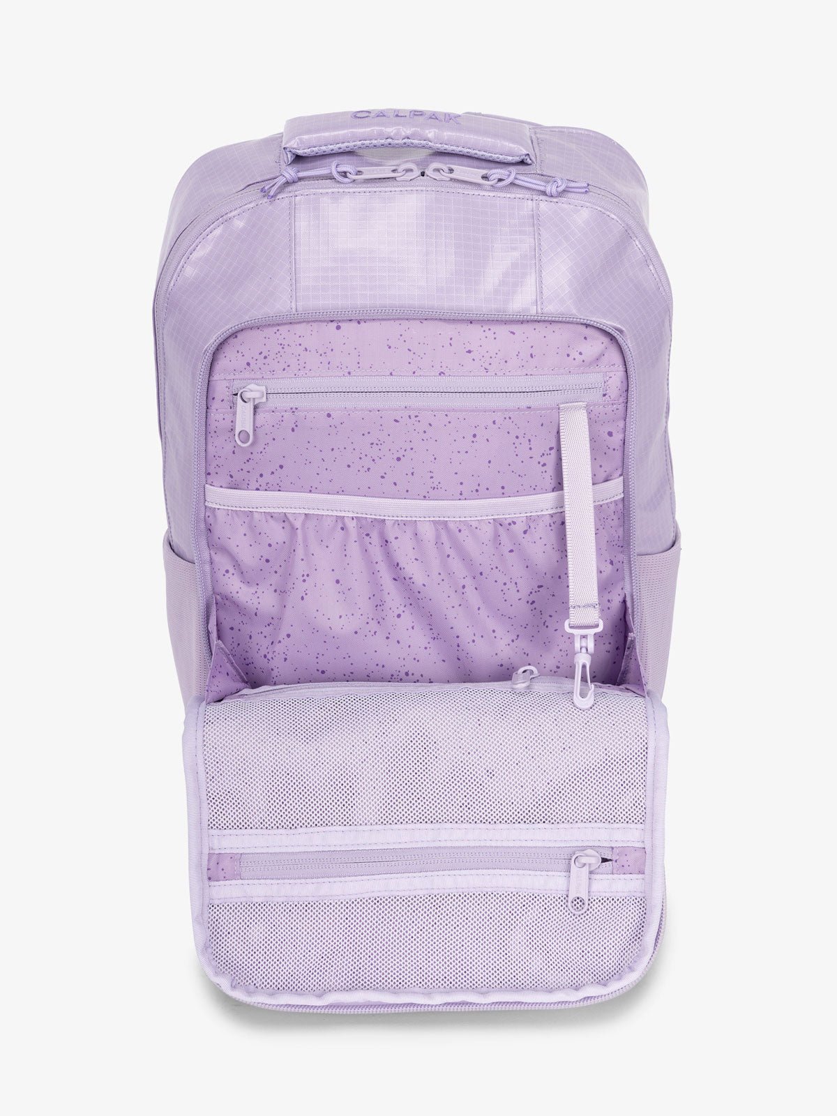Front organizational panel of CALPAK Terra Hydration Backpack in purple amethyst