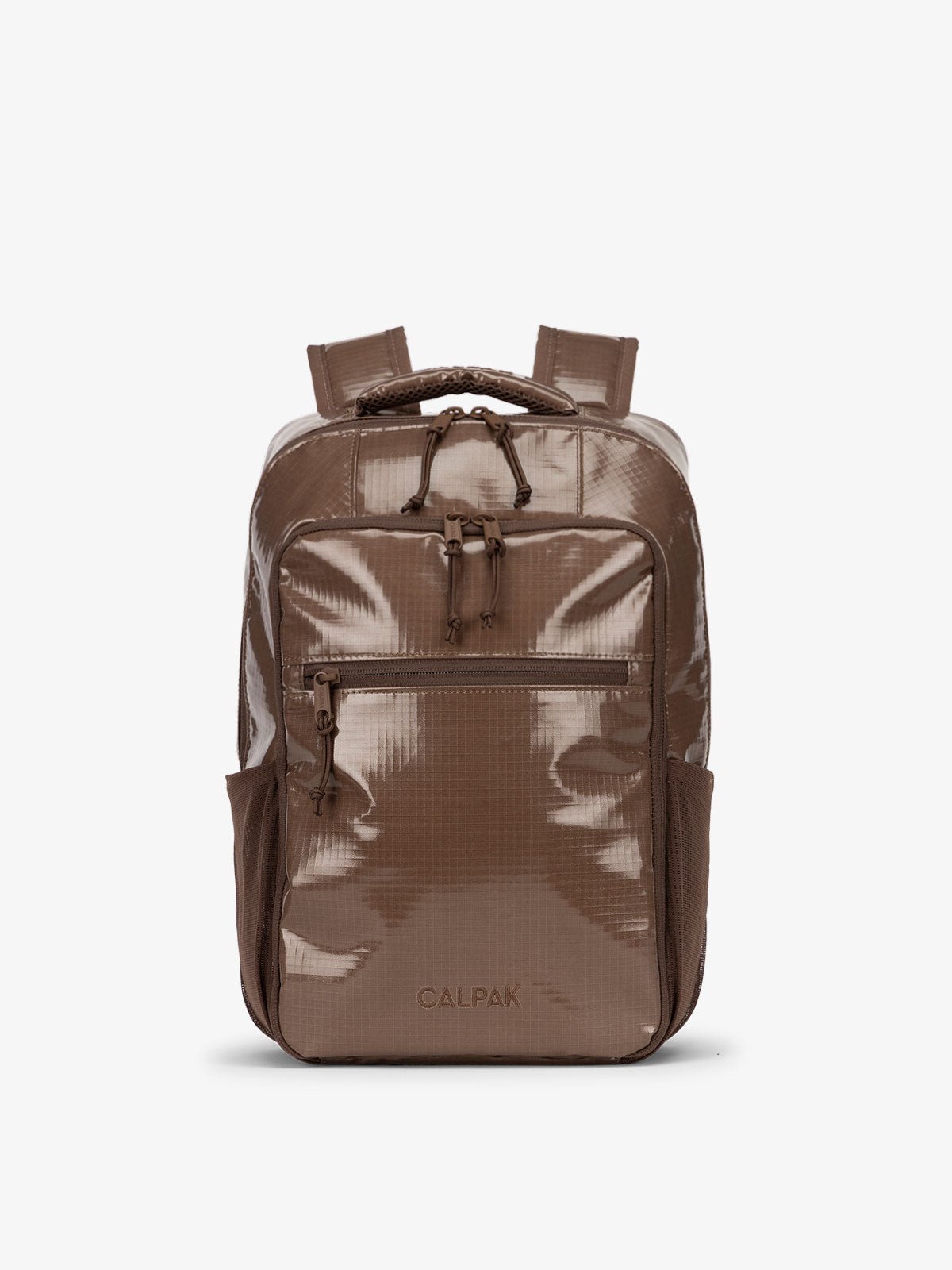 Front view of CALPAK Terra Hydration Backpack in brown cacao