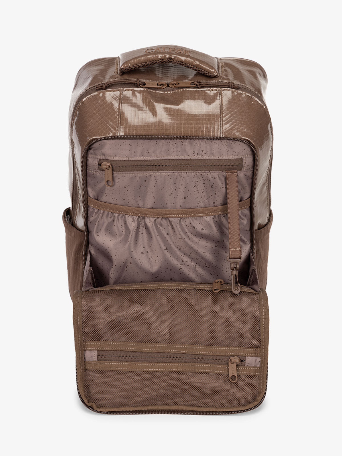 Front organizational panel of CALPAK Terra Hydration Backpack in brown cacao; BPT2201-CACAO