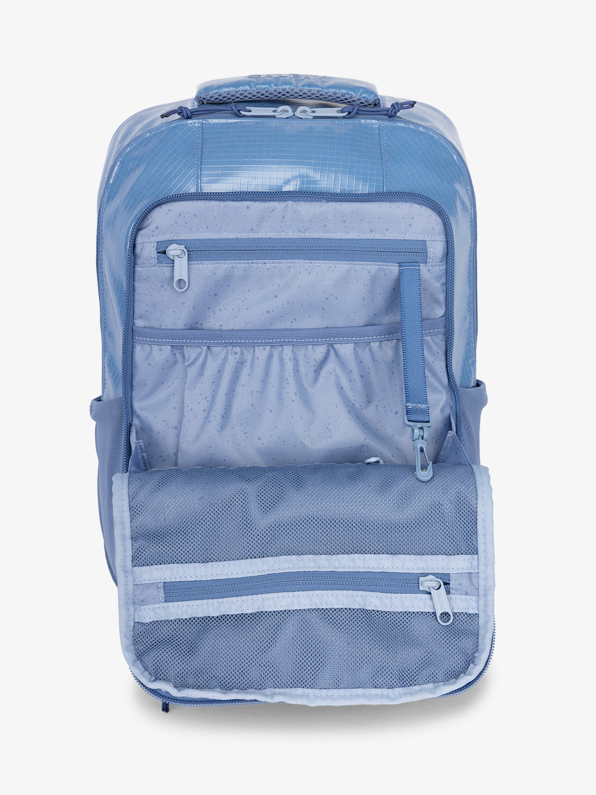 Front organizational panel of CALPAK Terra Hydration Backpack in glacier; BPT2201-GLACIER