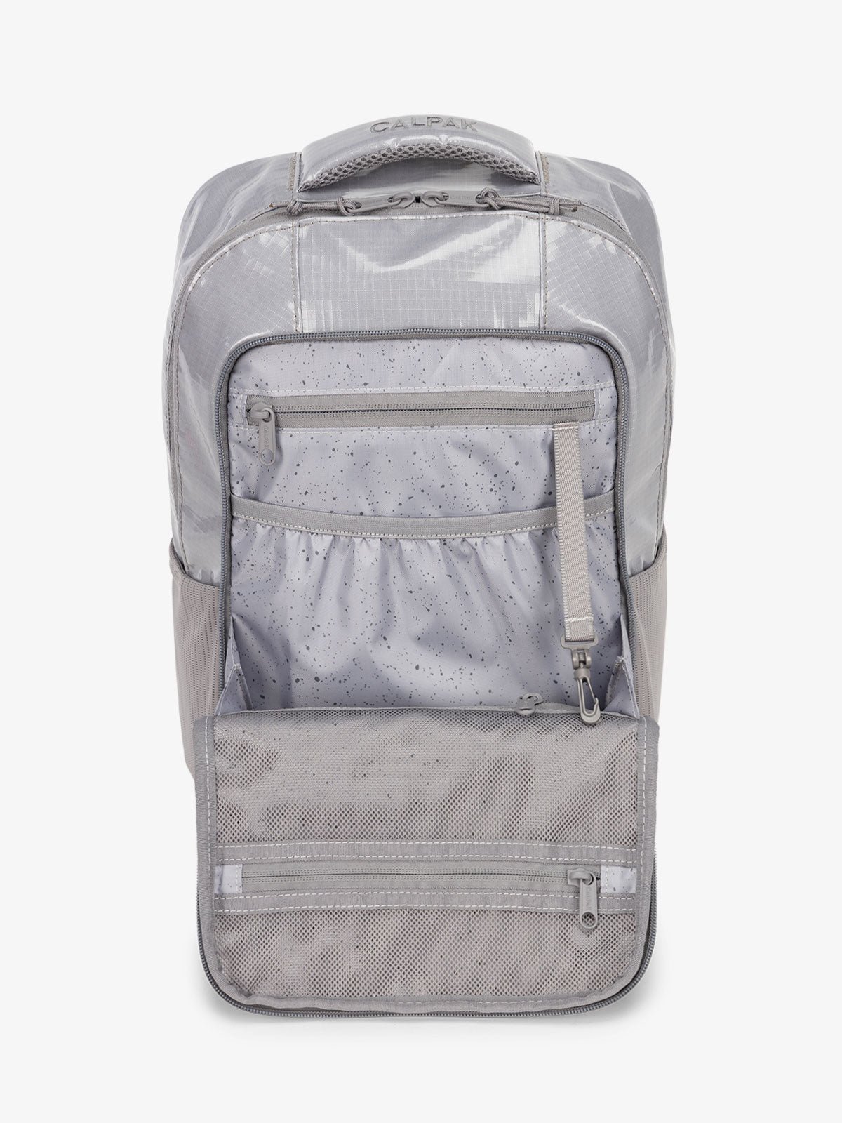 Front organizational panel of CALPAK Terra Hydration Backpack in gray