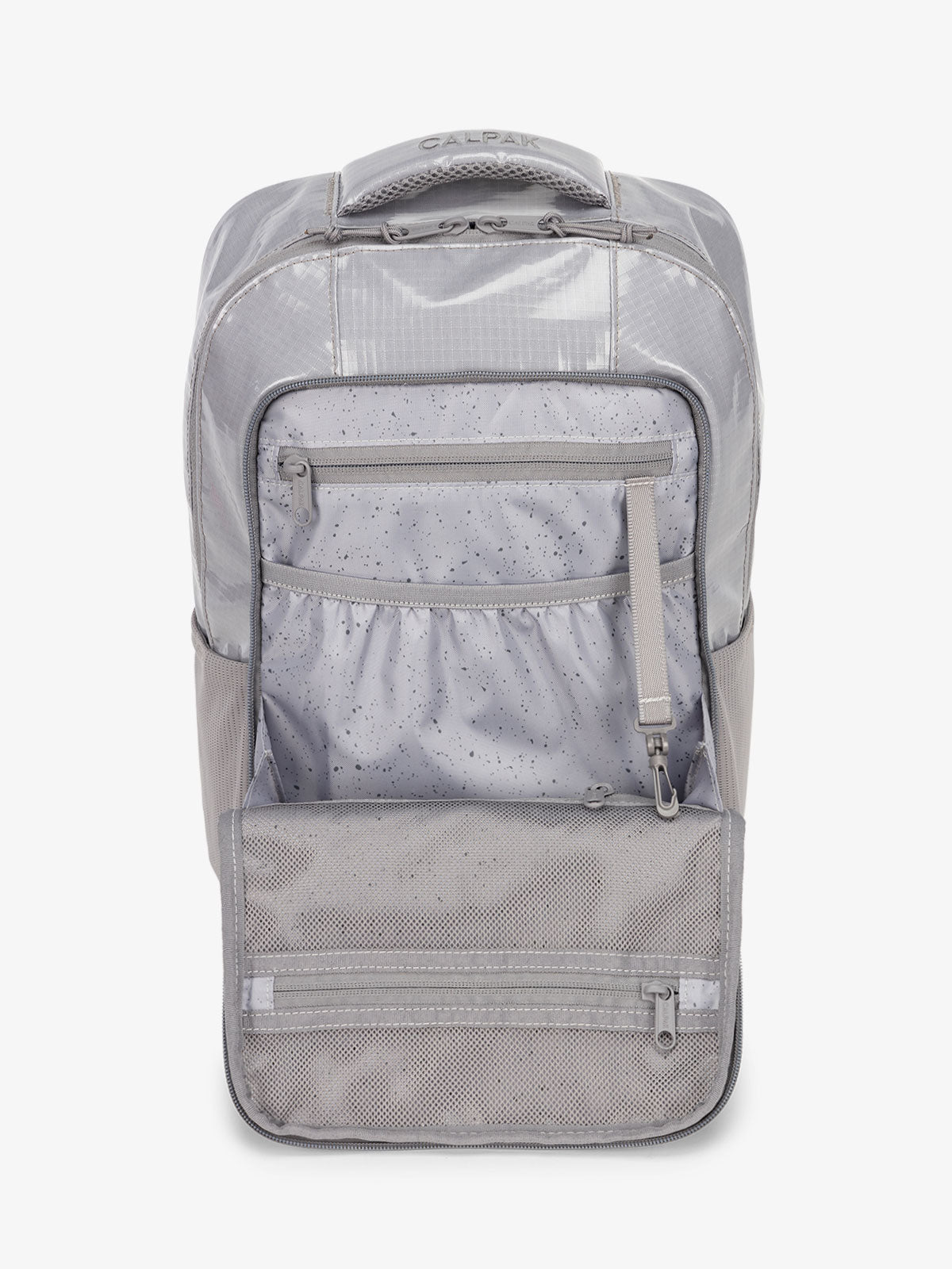 Front organizational panel of CALPAK Terra Hydration Backpack in gray; BPT2201-STORM