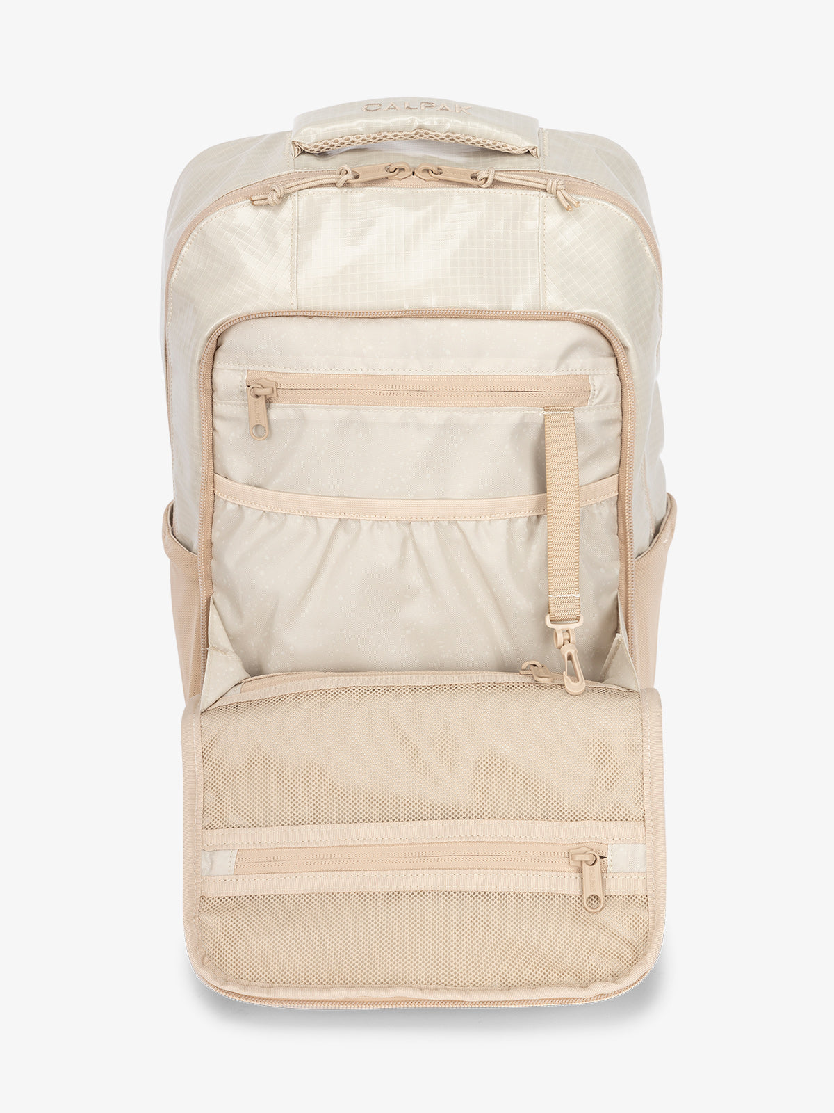 Interior of CALPAK Terra Hydration Backpack in white sands; BPT2201-WHITE-SANDS