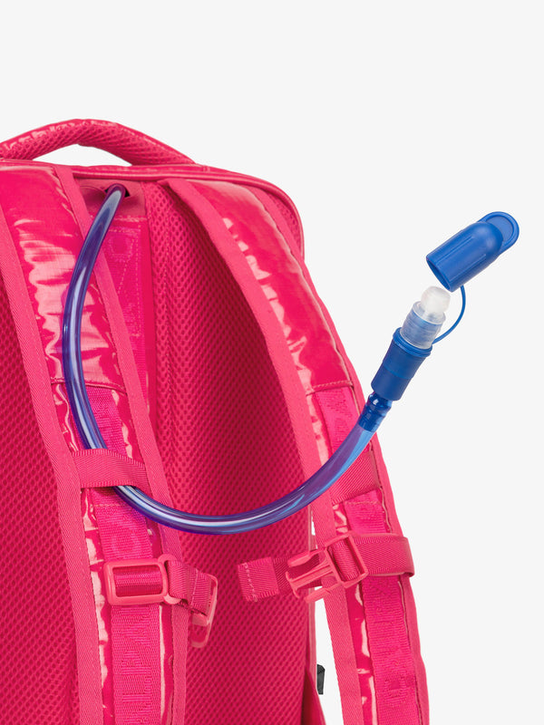 Close up of removable CALPAK hydration reservoir straw with valve cap in pink