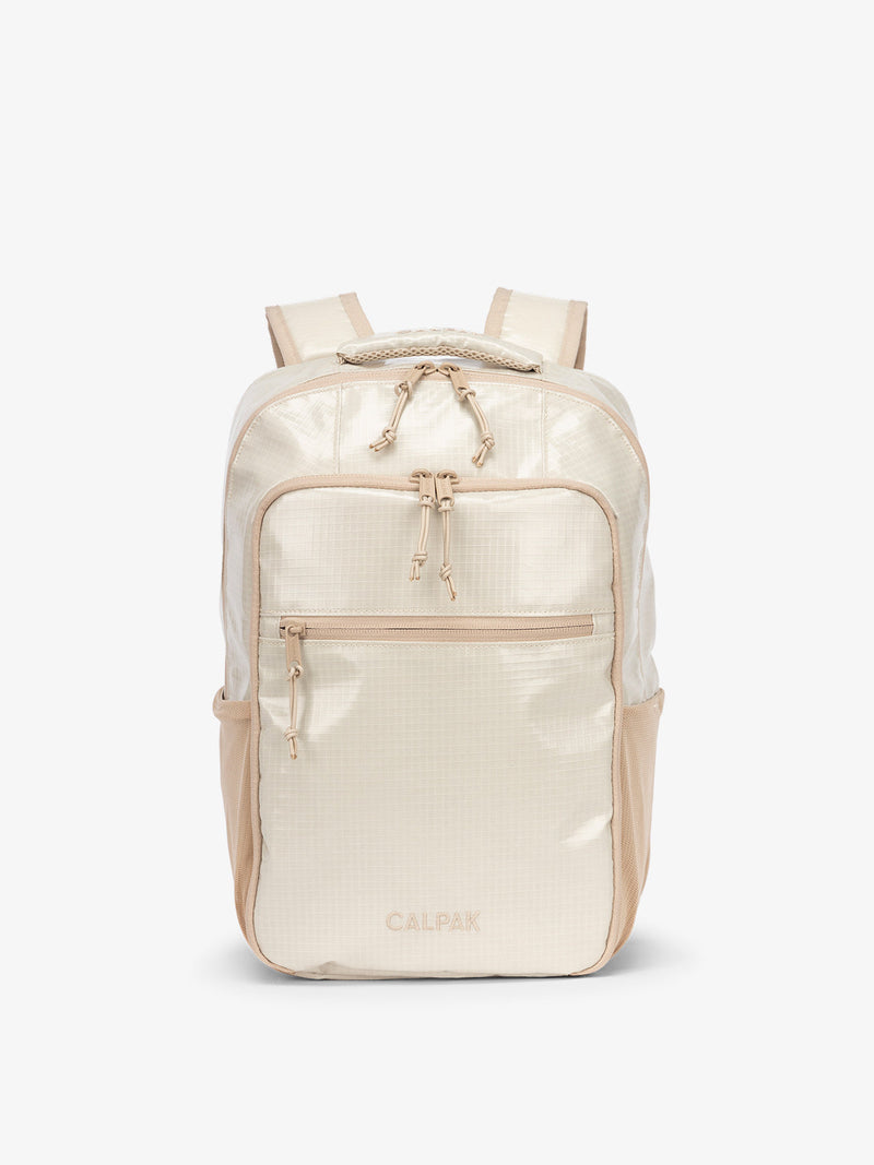 Front view of CALPAK Terra Hydration Backpack in white sands