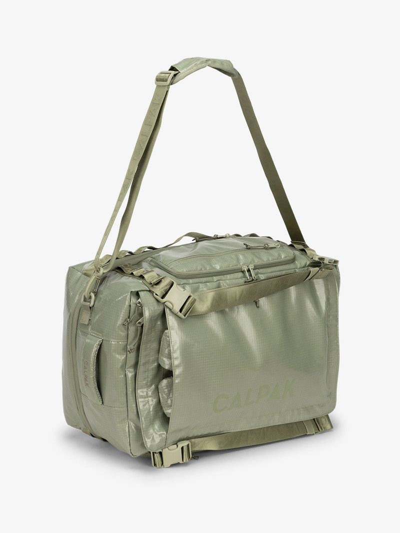Green juniper CALPAK terra large 50L duffel backpack with removable and adjustable body shoulder strap