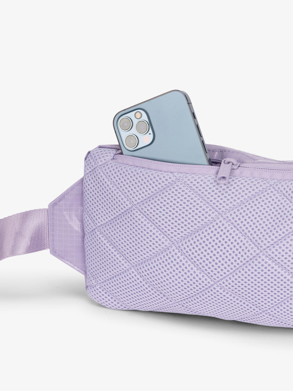 crossbody belt bag with padded back and hidden zippered pocket in lavender