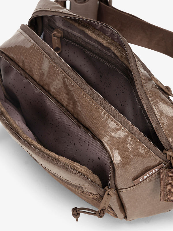 Terra hiking belt bag with multiple interior pockets and water resistant exterior in cacao brown