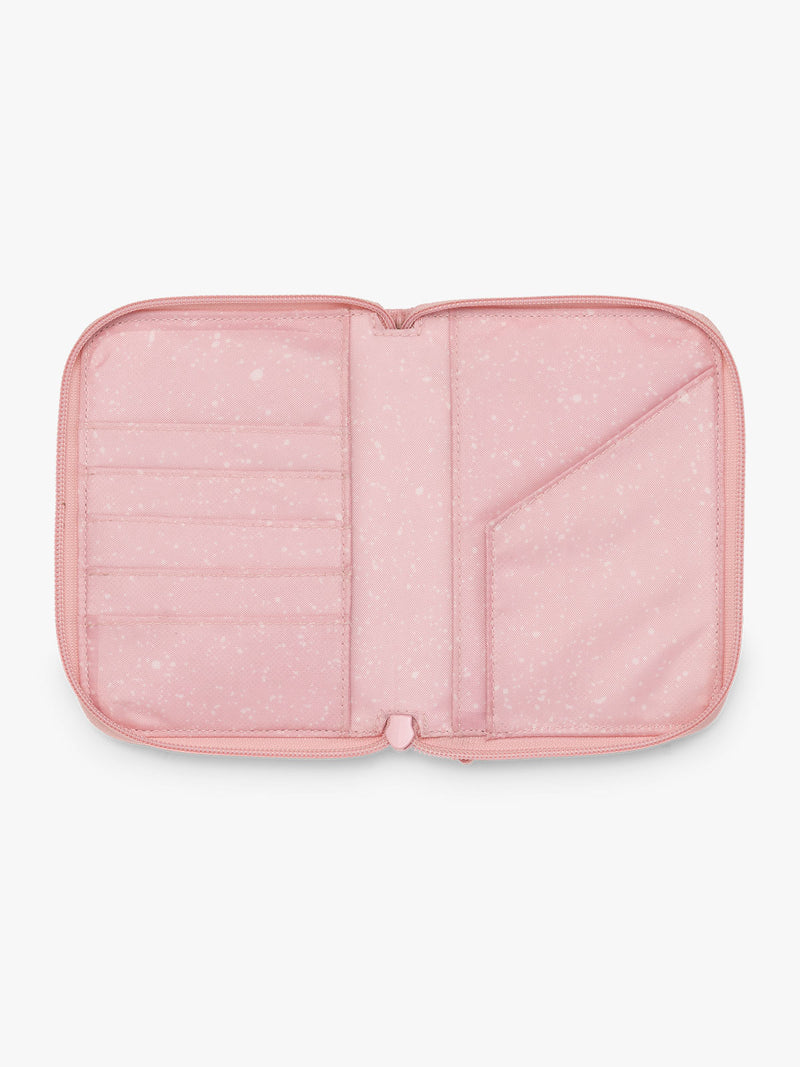 CALPAK Terra Zippered Passport Wallet pink Blossom interior features with card slot and passport slip