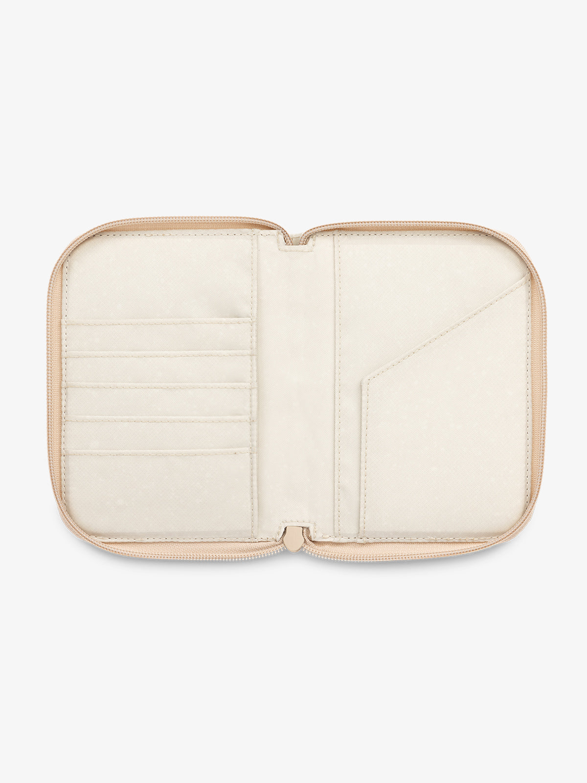 CALPAK Terra Zippered Passport Wallet beige White Sands interior features with card slot and passport slip; ATPW2501-WHITE-SANDS