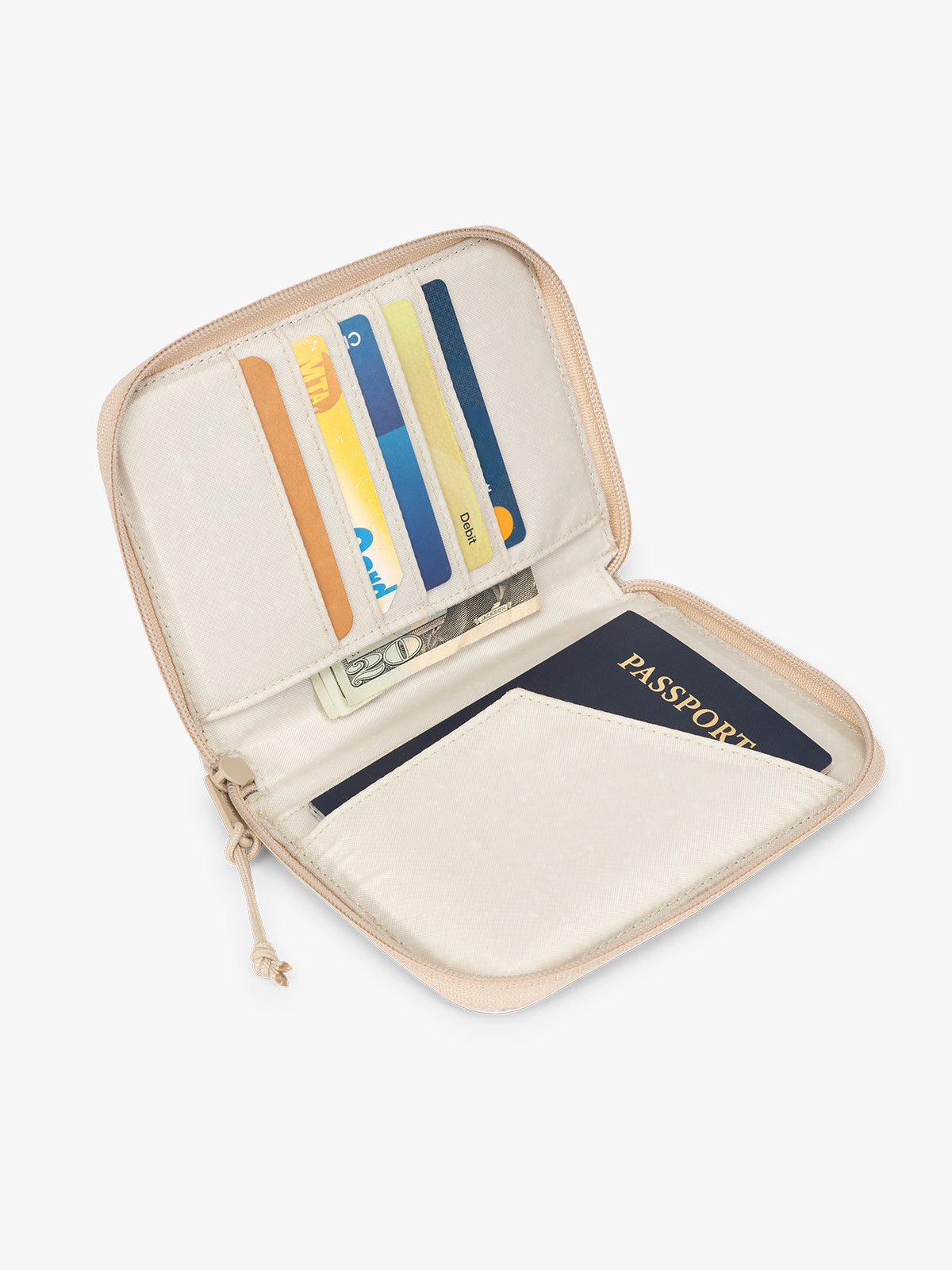 CALPAK Terra Zippered Passport Wallet beige White Sands open view with cards in card slots and passport in passport slip; ATPW2501-WHITE-SANDS