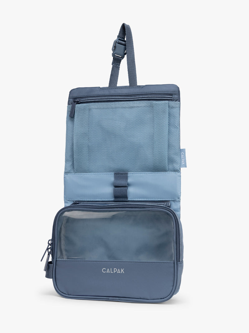 Opened CALPAK Fit Hanging Dopp Kit in blue Indigo