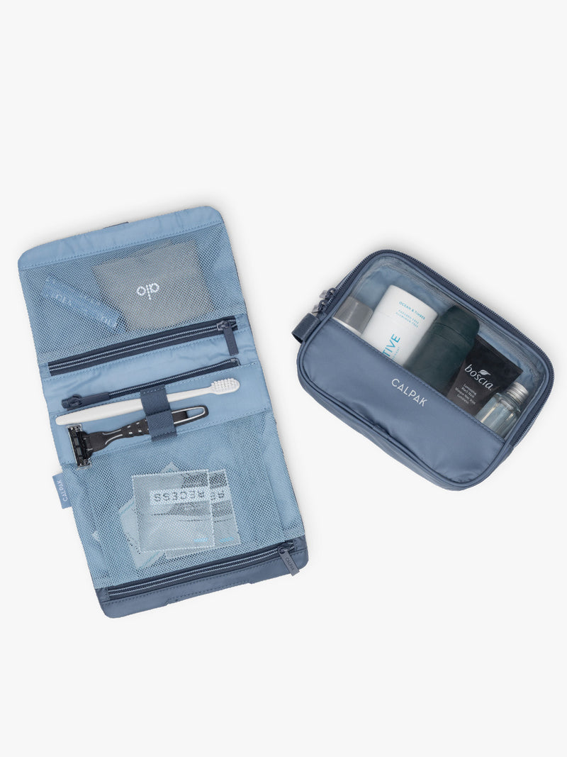 Opened and detached CALPAK Fit Hanging Dopp Kit in blue Indigo