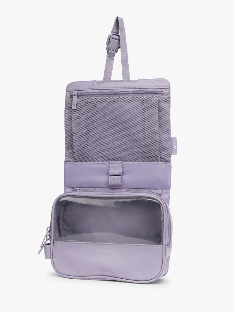 Opened CALPAK Fit Hanging Dopp Kit in purple Iris