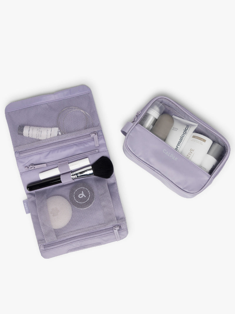 Opened and detached CALPAK Fit Hanging Dopp Kit in purple Iris