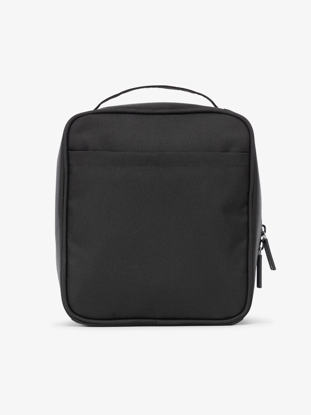 Backview of CALPAK The Everything Cube with exterior back slip pocket in black; ACE2401-BLACK