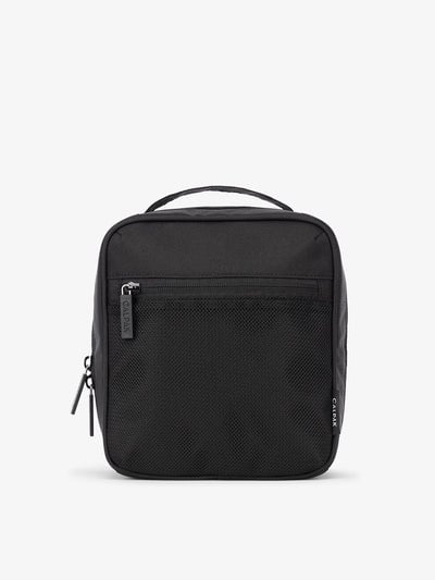 Front-view of CALPAK The Everything Cube made with durable exterior material featuring exterior mesh pocket and top handle in black; ACE2401-BLACK