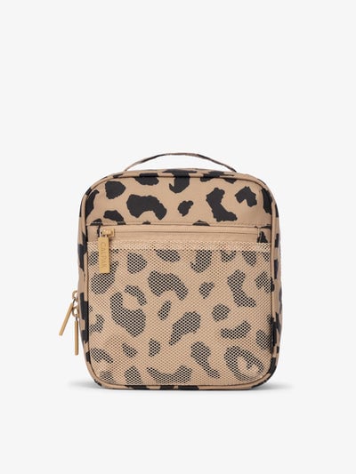 Front-view of CALPAK The Everything Cube made with durable exterior material featuring exterior mesh pocket and top handle in cheetah; ACE2401-CHEETAH