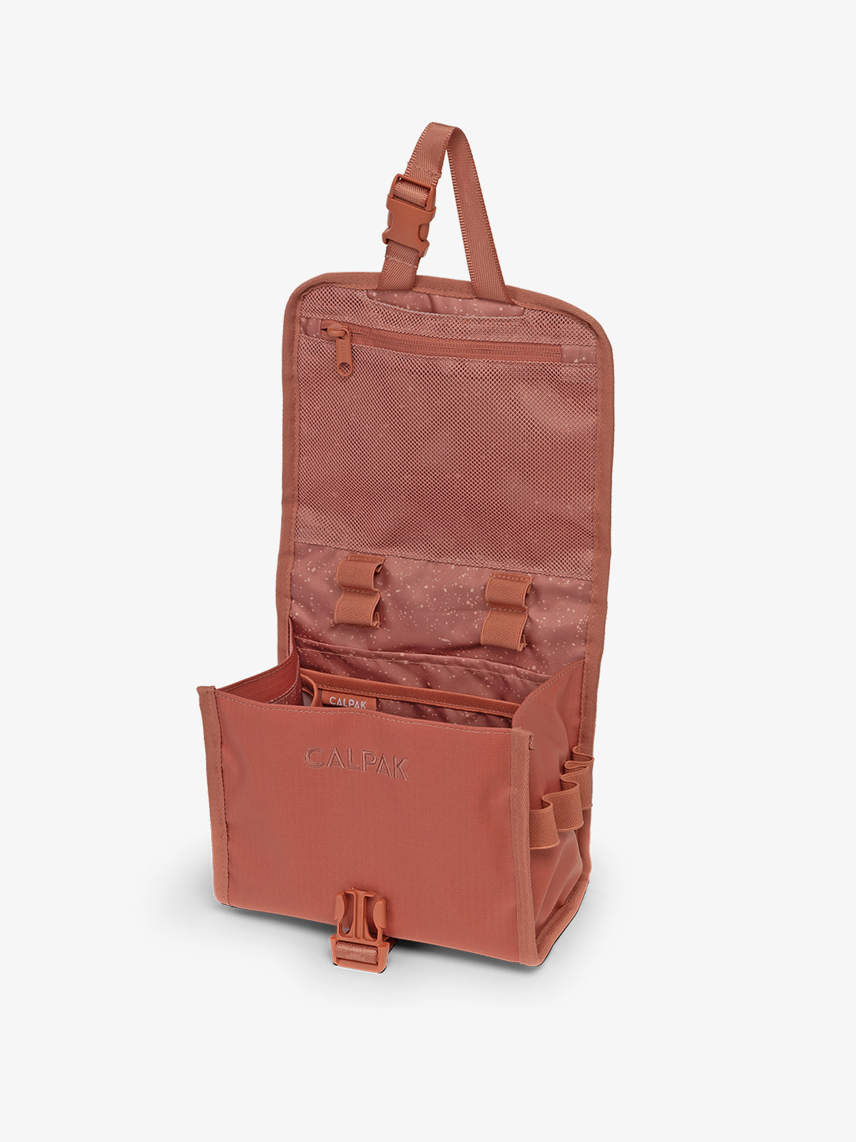 CALPAK Terra Hanging Toiletry Bag in red and orange Matte Clay open top hanging view; THY2201-CLAY