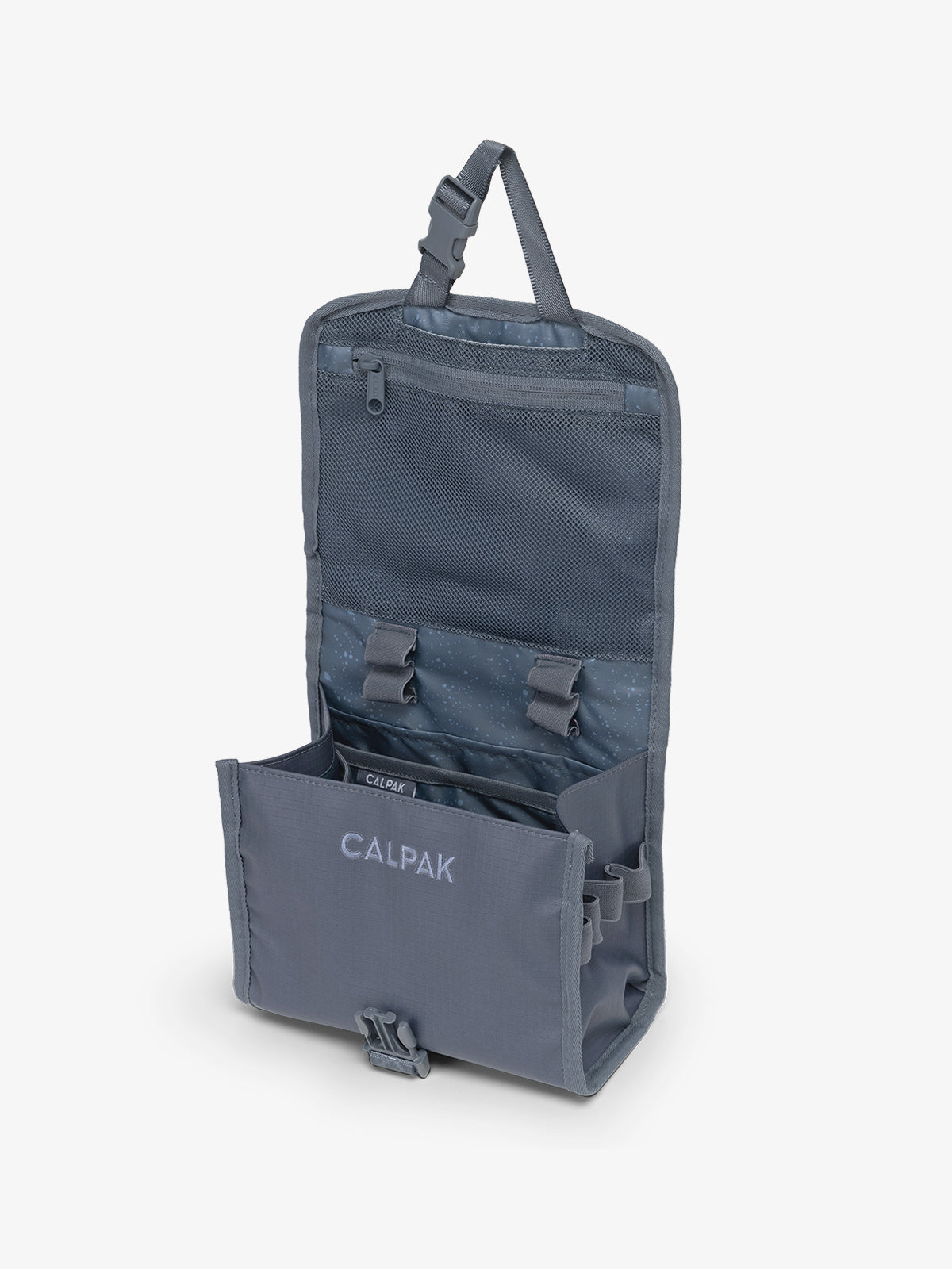 CALPAK Terra Hanging Toiletry Bag in blue Matte Indigo open top hanging view; THY2201-INDIGO