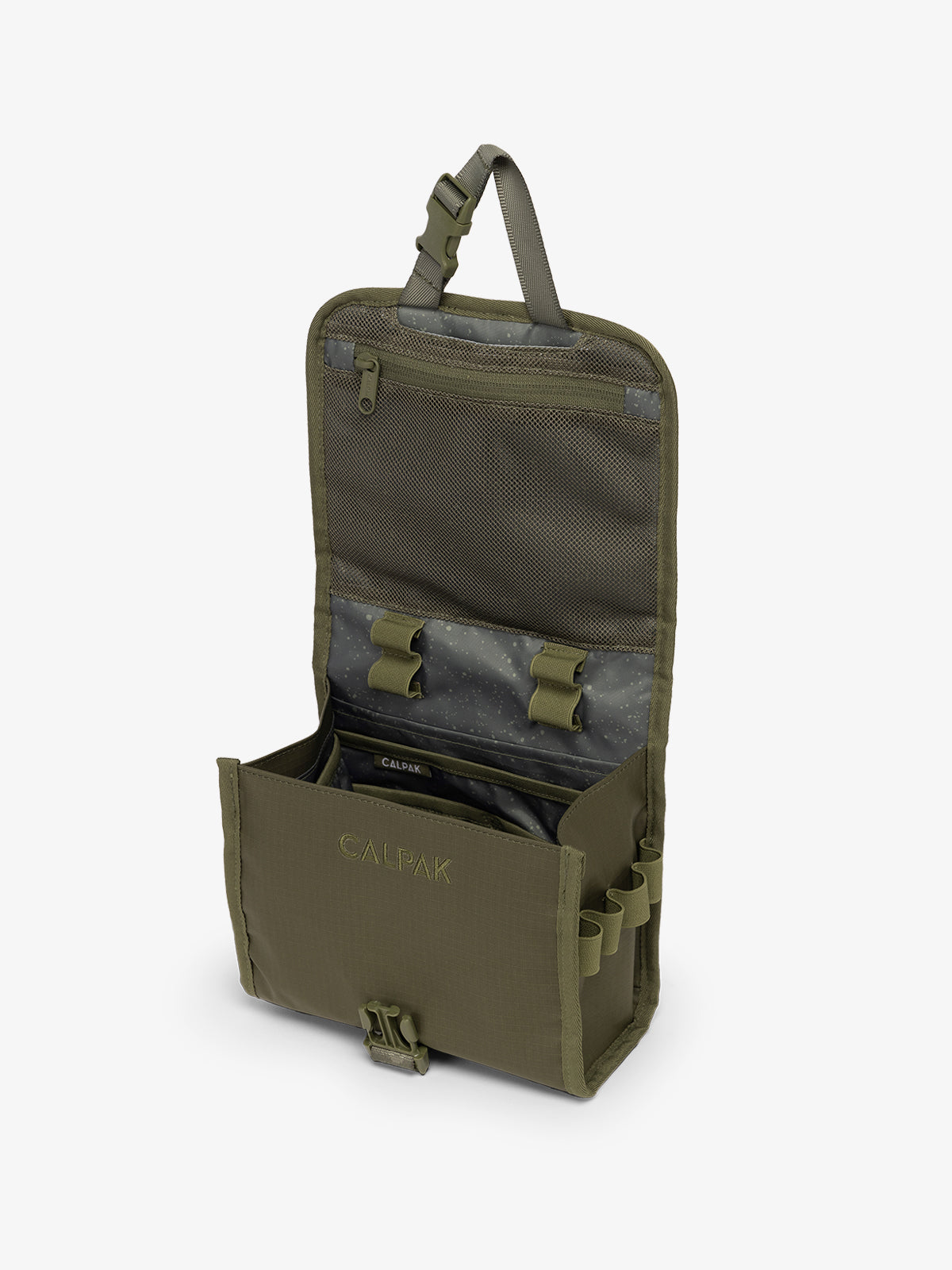 CALPAK Terra Hanging Toiletry Bag in dark green Matte Pine open top hanging view; THY2201-PINE