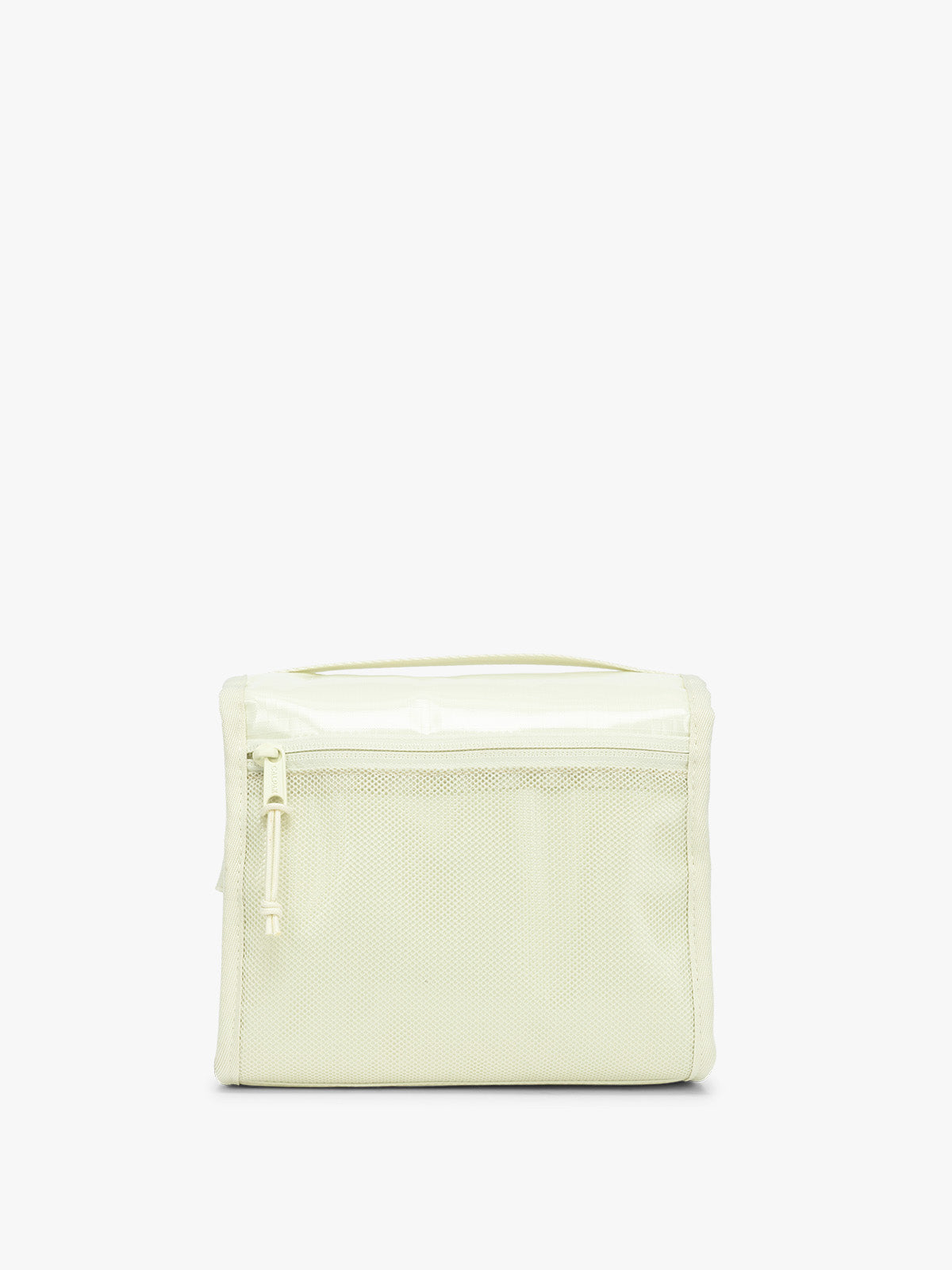 Back of CALPAK Terra Hanging Toiletry Bag in light green Celadon with front buckle; THY2201-CELADON