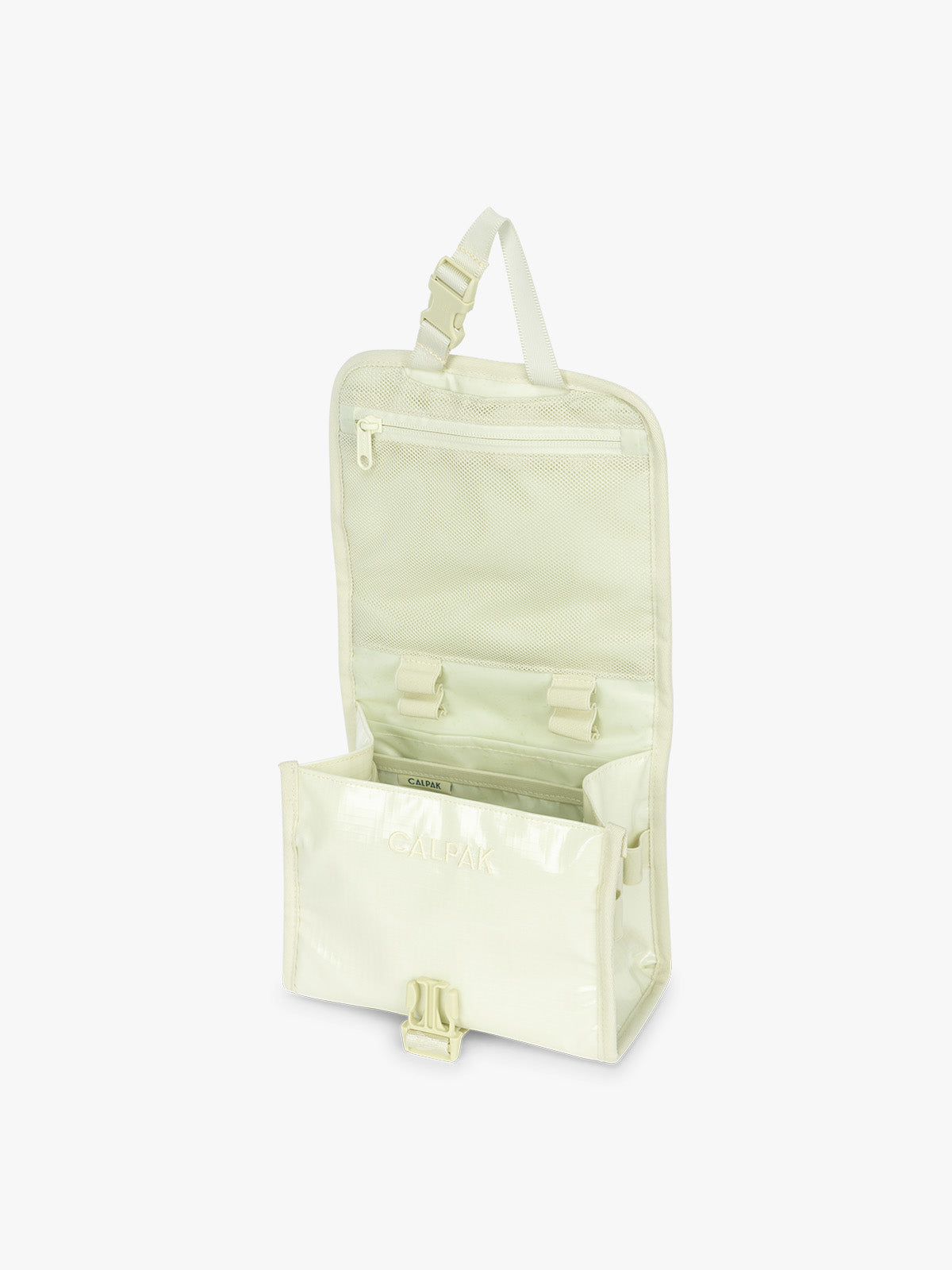 Opened CALPAK Terra Hanging Toiletry Bag in light green Celadon with front buckle; THY2201-CELADON