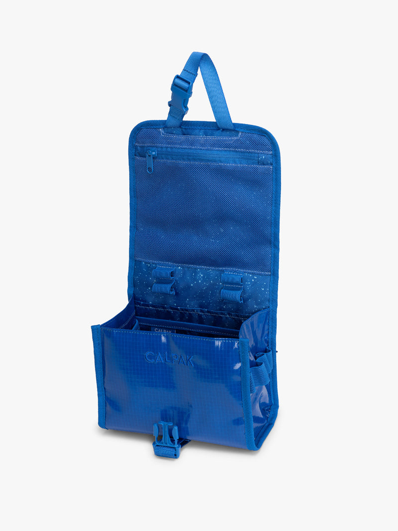 CALPAK Terra Hanging Toiletry Bag in blue Cobalt opened view