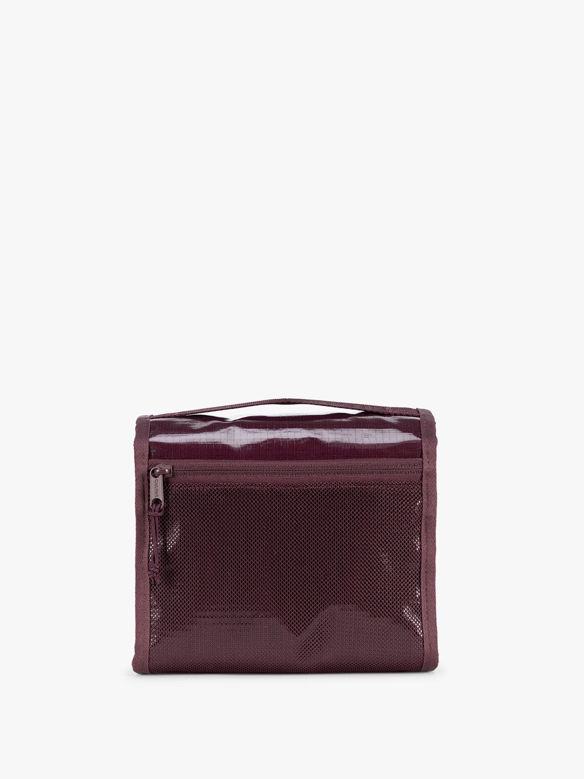 Back view showing zipper of CALPAK Terra Hanging Toiletry Bag to store makeup and toiletries in dark red  Dark Cherry on a white background; THY2201-DARK-CHERRY