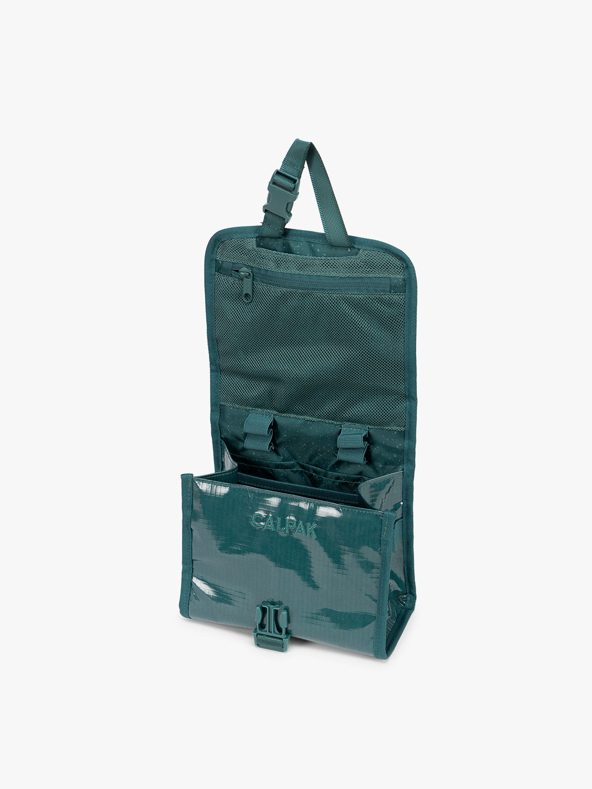 Opened CALPAK Terra Hanging Toiletry Bag to store makeup and toiletries in blue green Kale on a white background; THY2201-KALE