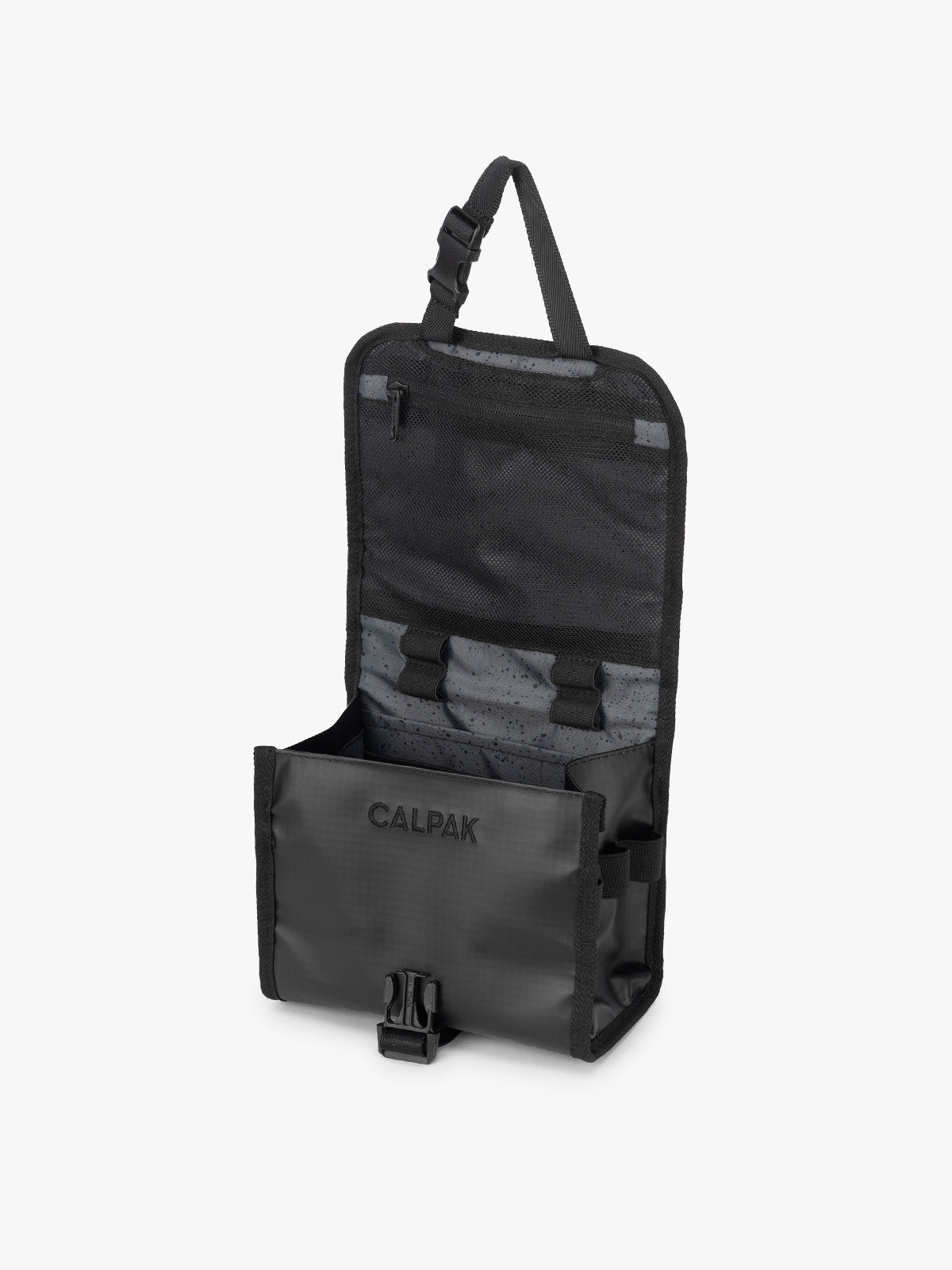 CALPAK Terra Hanging Toiletry Bag in black Matte Obsidian opened view; THY2201-MATTE-OBSIDIAN