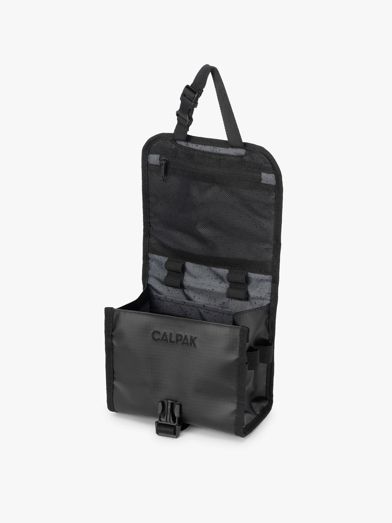 CALPAK Terra Hanging Toiletry Bag in black Matte Obsidian opened view